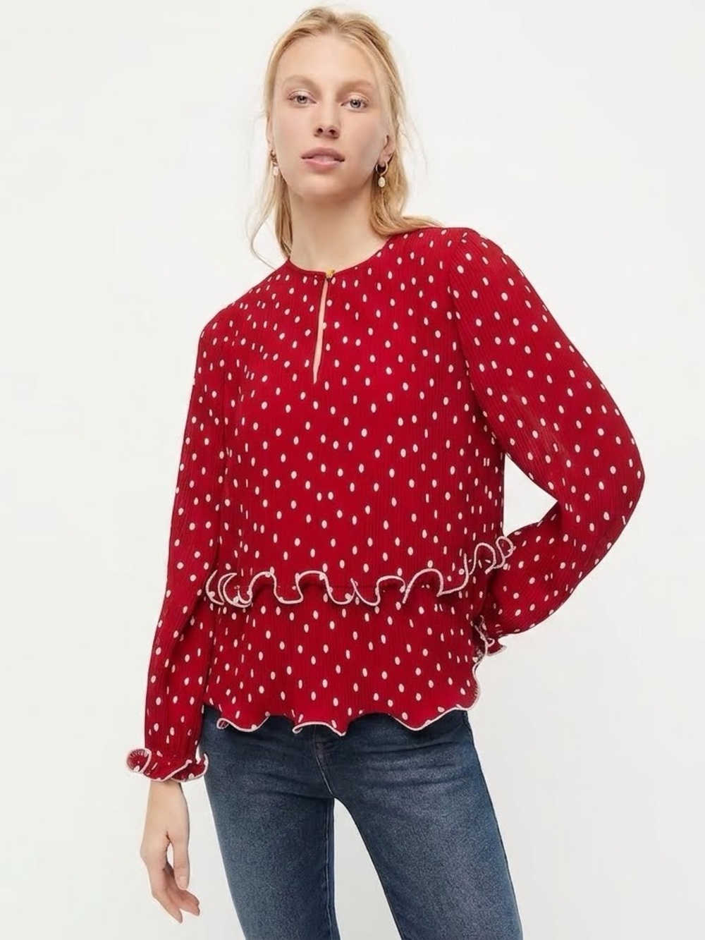 1J Crew Pleated Red White Polka Dot Long Sleeve Blouse Style# AI032 SzS